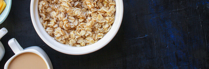 breakfast (oatmeal porridge, dairy products and more, snack) menu concept background. top view. copy space for text