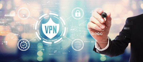 VPN concept with businessman on blurred abstract background