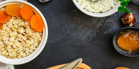 breakfast (oatmeal porridge, dairy products and more, snack) menu concept background. top view. copy space for text