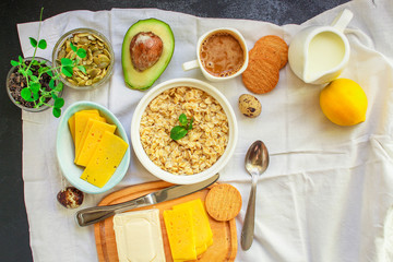 breakfast (oatmeal porridge, dairy products and more, snack) menu concept background. top view. copy space for text