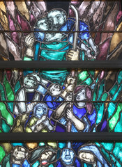 Spirit of God awakens a new life, both dead and alive, detail of stained glass window by Sieger Koder in church of Saint John in Piflas, Germany