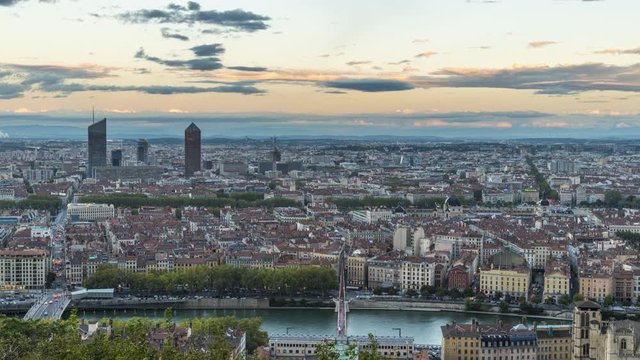 Lyon aerial skyline view time lapse video from day to night