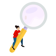 Magnifying glass icon and girl in flat design looking for something. Vector flat illustration