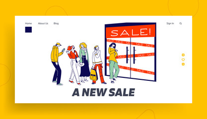 Obraz na płótnie Canvas Diverse People Standing in Queue Waiting Boutique Shop Doors Opening Landing Page Template. Customer Characters Wait Shopping in Store, Sale, Discount and Special Offer. Linear Vector Illustration