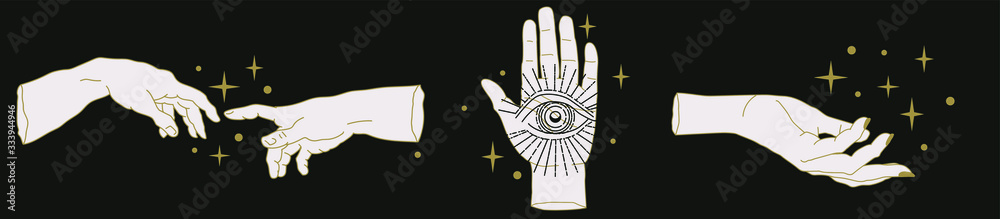 Poster the hand of the philosopher, palm with the eye of providence. set of vector illustrations for tattoo