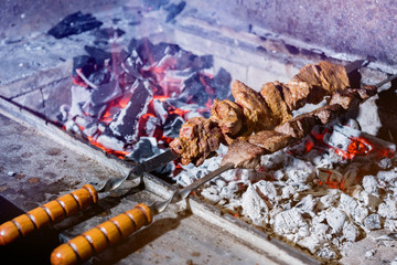 Delicious beef and pork barbecue on grill. Georgian restaurant.