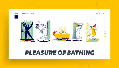 Obraz na płótnie Canvas People Washing and Have Fun Landing Page Template. Happy Characters Take Shower in Bathroom and Sing. Woman Sitting in Tub, Drying Hair, Man in Foam Singing Hobby and Relax. Linear Vector Illustration