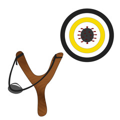 Slingshot with a rock is ready to shoot at a target with a coronavirus in the center.