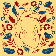 Illustration of human heart with beautiful flowers growing out of it. Vector flat illustration. Hand drawn
