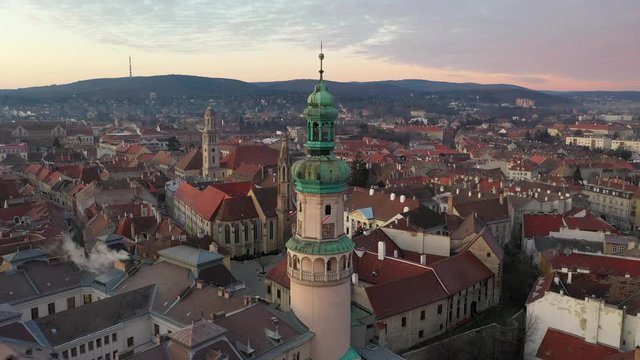 Aerial video of medieval Sopron with fire tower