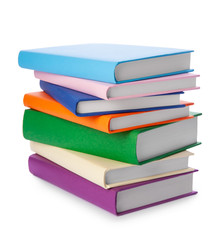 Stack of colorful books isolated on white background. Collection of different books. Hardback books...