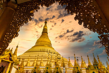 Shwedagon Pagoda attraction in Yagon City with blue sky background, Shwedagon Pagoda ancient...