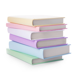 Stack of colorful books isolated on white background. Collection of different books. Hardback books...