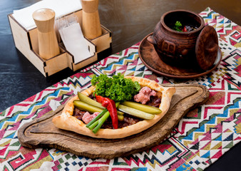 Georgian cuisine food set. Georgian restaurant. Restaurant background.