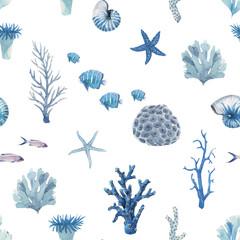 Beautiful vector seamless pattern with underwater watercolor sea life. Stock illustration. - obrazy, fototapety, plakaty