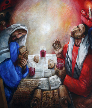 Supper at Emmaus, detail of high altar by Sieger Koder in Church of Our Lady of Sorrows in Rosenberg, Germany