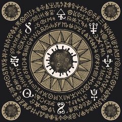 Vector magic banner with coronavirus cells and runes on the black background. A hand-drawn mandala with hazardous COVID-19 virions and doodles that imitate magic symbols but do not give information