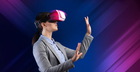 Business innovations. Collage with young lady wearing virtual reality device on color background, empty space