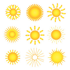 Several drawings of the yellow sun with rays of different shapes