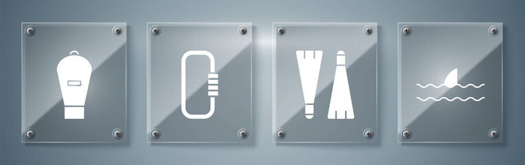 Set Shark fin in ocean wave, Rubber flippers for swimming, Carabiner and Lift bag. Square glass panels. Vector © Oksana