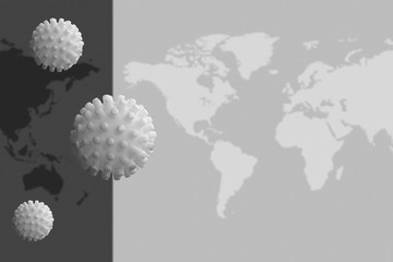 white opaque coronovirus molecules on gray political map of the world