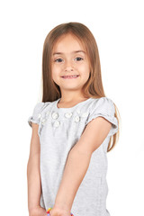 happy 3 year old girl on white background