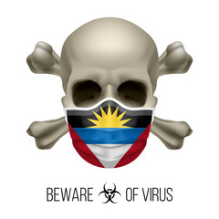 Human Skull and Surgical Mask in the Color of National Flag Antigua and Barbuda. Mask in Form of the Flag and Skull as Concept of Dire Warning that the Viral Disease Can be Fatal design