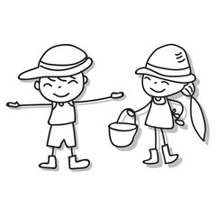 Hand drawing happy people. Happiness kids concept. Cartoon character lineart matchstick style vector.