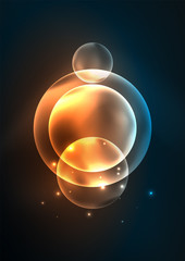 Glowing neon shiny transparent bubbles, glass circles or bio cell concept. Techno futuristic vector abstract background For Wallpaper, Banner, Background, Card, Book Illustration, landing page