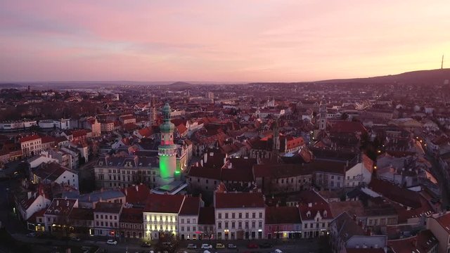 Aerial video of medieval Sopron with fire tower