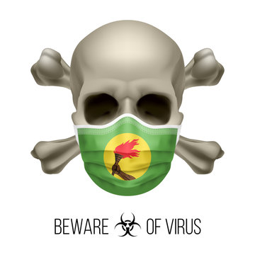Human Skull with Crossbones and Surgical Mask in the Color of National Flag Zaire. Mask in Form of the Zairean Flag and Skull as Concept of Dire Warning that the Viral Disease Can be Fatal