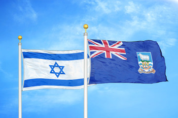 Israel and Falkland Islands two flags on flagpoles and blue cloudy sky