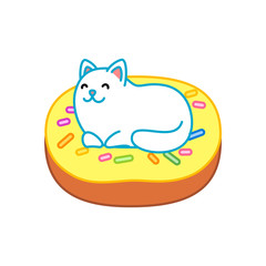 Cute cat and donut. Illustration of a white kitten sitting on a yellow glazed donut. Isolated objects. Vector 8 EPS.