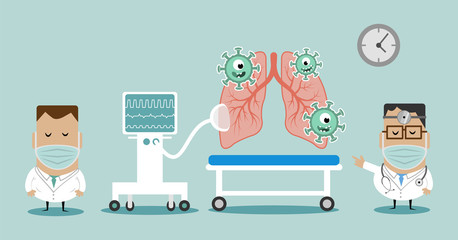 Pulmonology concept, doctors check human lungs for infections or problems by Covid-19 Corona virus. Lungs connected to a respirator. Modern flat web page design for website and mobile website developm