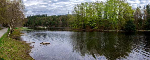 Panoramic landscape of Eivindsvannet lake in Djupadalen park in late spring, Haugesund, Norway, May 2018