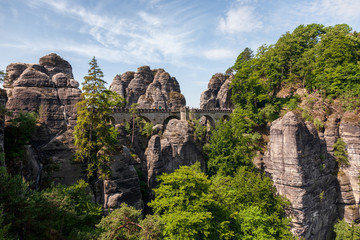 Panoramic view of the Elbe Sandstone Mountains, Germany..The Bastei Bridge.
