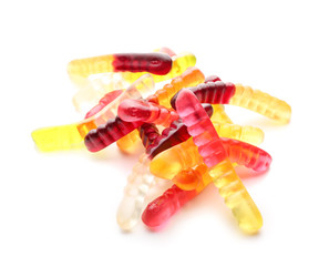 Sweet jelly worms on white background