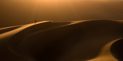 Fototapeta na wymiar Sand dunes in Namibia at sunset with lonely man