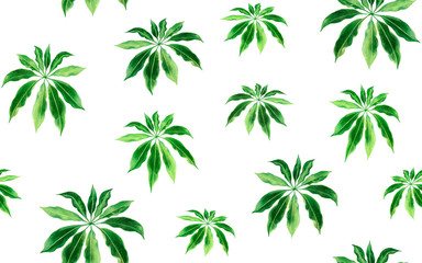 Watercolor painting green leaf seamless pattern background.Watercolor hand drawn illustration palm leaves tropical exotic leaf prints for wallpaper,textile Hawaii aloha jungle style pattern.