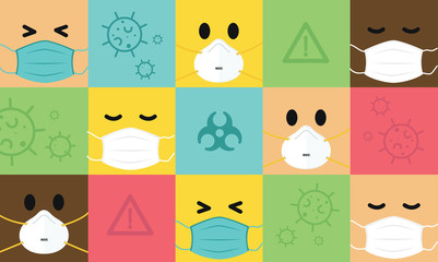 Coronavirus Covid-19 Emojis Emoticon background wall with N95 Face Mask 