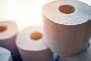 Toilet paper roll. Concept of lack of toilet paper in stores due to coronavirus, Covid-19, hygiene, panic. A pile of Toilet paper rolls. Coronavirus and toilet paper. pandemic and panic concept.