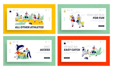 People Pick Up Garbage During Plogging Landing Page Template Set. Active Characters Run at City Park Cleaning Environment. Healthy Lifestyle, Sport and Ecology Protection. Linear Vector Illustration
