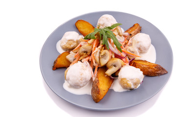 baked potato wedges with mushrooms vegetables and white sauce for the restaurant menu