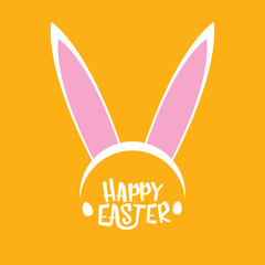Vector happy easter greeting card with white easter bunny funky mask with rabbit ears and easter text isolated on orange background.