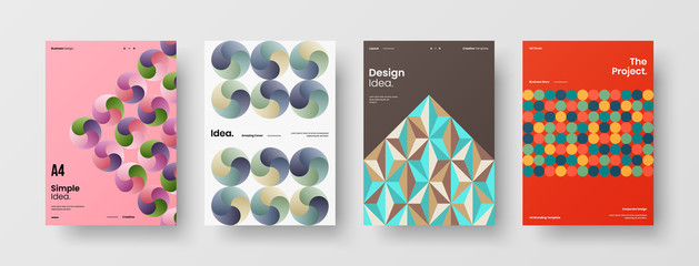 Business presentation vector A4 vertical orientation front page mock up set. Corporate report cover abstract geometric illustration design layout bundle. Company identity brochure template collection.