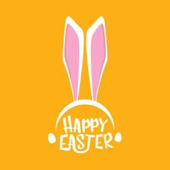 Vector happy easter greeting card with white easter bunny funky mask with rabbit ears and easter text isolated on orange background.