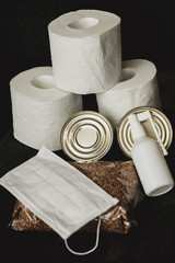 Toilet paper 3 rolls and spray antiseptic in a bottle, coronavirus
