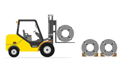Forklift is moving rolled steel coil, illustration icon