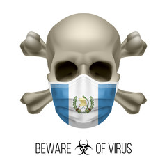 Human Skull with Crossbones and Surgical Mask in the Color of National Flag Guatemala. Mask in Form of the Guatemalan Flag and Skull as Concept of Dire Warning that the Viral Disease Can be Fatal