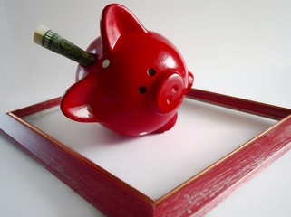 red piggy Bank with a dollar On a light background in a frame. Concept of financial investment and money saving